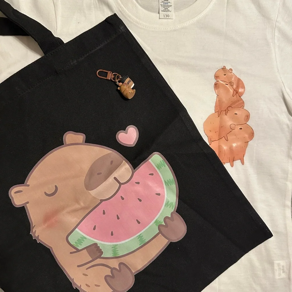 ⚡️NWT Cute Capybara Tote ,T-Shirt Set and capybara keychain